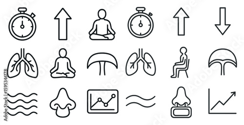 Set of icons that include a clock, a person sitting, a person standing, a person lying down, a person sitting in a chair, a person sitting in a chair with a book, a person sitting in a chair with a