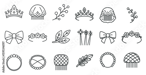 Collection of various headpieces and accessories, including bows, crowns, and flowers. Concept of elegance and sophistication, with the various headpieces