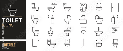 Bathroom and Sanitation Icon Set Featuring Toilets, Sinks, and Cleaning Tools