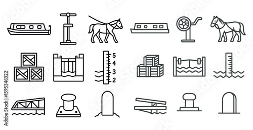Collection of various objects and symbols, including a horse, a boat, and a scale. Scene is one of transportation and measurement
