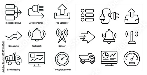 Set of icons for a computer program. The icons include a bell, a truck, a car, a computer monitor, a clock, a truck, a car, a computer monitor, a car, a truck, a computer monitor