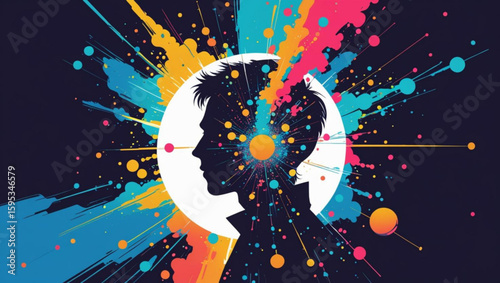 Silhouette of a human head with a colorful explosion representing ideas, creativity, and imagination