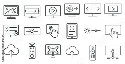 Set of icons for various electronic devices, including a remote control, a tablet, and a TV