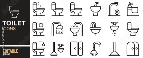 Set of Toilet and Sink Icons for Illustrating Plumbing, Sanitation, and Hygiene

