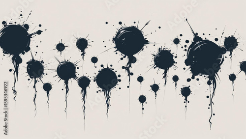 Set of black ink splatters, blots, and drips isolated on a light background.