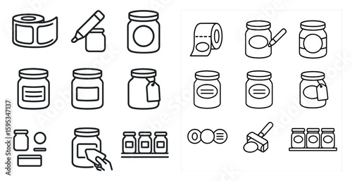 Set of jars and jars lids with a pen and a roll of toilet paper. The jars are lined up in a row, with the pen and roll of toilet paper placed in the middle