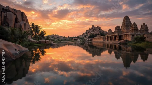 Scenic Sunset over Ancient Rocks and Palm Trees in Hampi, India