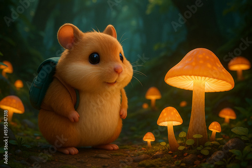 A curious hamster with a backpack explores a magical forest, mesmerized by glowing mushrooms under the serene twilight canopy.
