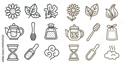 Set of icons for various items related to tea and honey. The icons include a teapot, a spoon, a tea bag, a honey jar, a tea bag, a tea infuser, a tea cup, a tea kettle