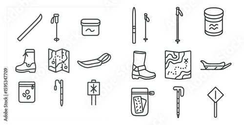 Set of icons for outdoor gear and equipment. The icons include a backpack, a tent, a map, a compass, a pair of skis, a pair of snow boots, a pair of hiking boots, a pair of snowshoes