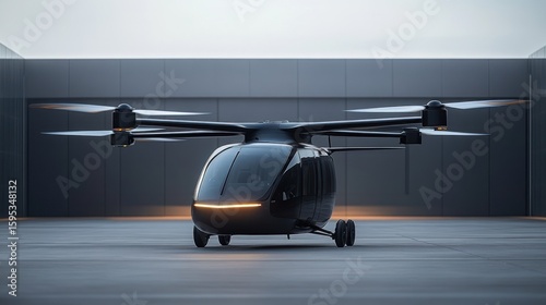 Futuristic Black Air Taxi on Hangar