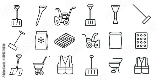Collection of various tools and equipment, including shovels, rakes, and snow blowers