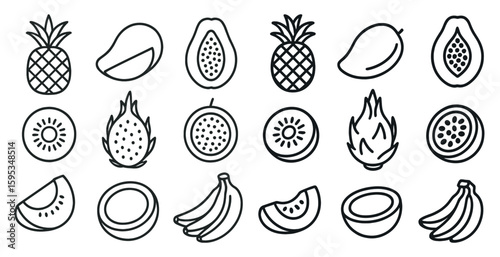Series of fruit slices are shown in a black and white style. The fruits include bananas, kiwi, and pineapple