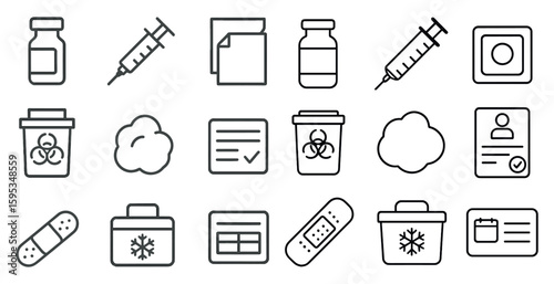 Set of medical icons including a syringe, a bottle, a cup, a box, a paper, a bottle, a cup, a box, a paper, a bottle, a cup, a box, a paper, a bottle, a