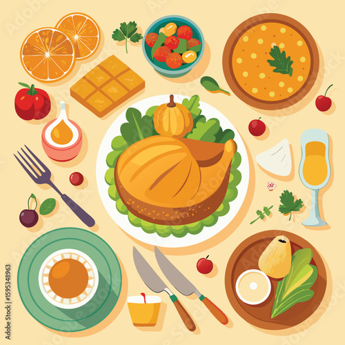 Festive illustration of thanksgiving dinner featuring roasted turkey and various delicious foods