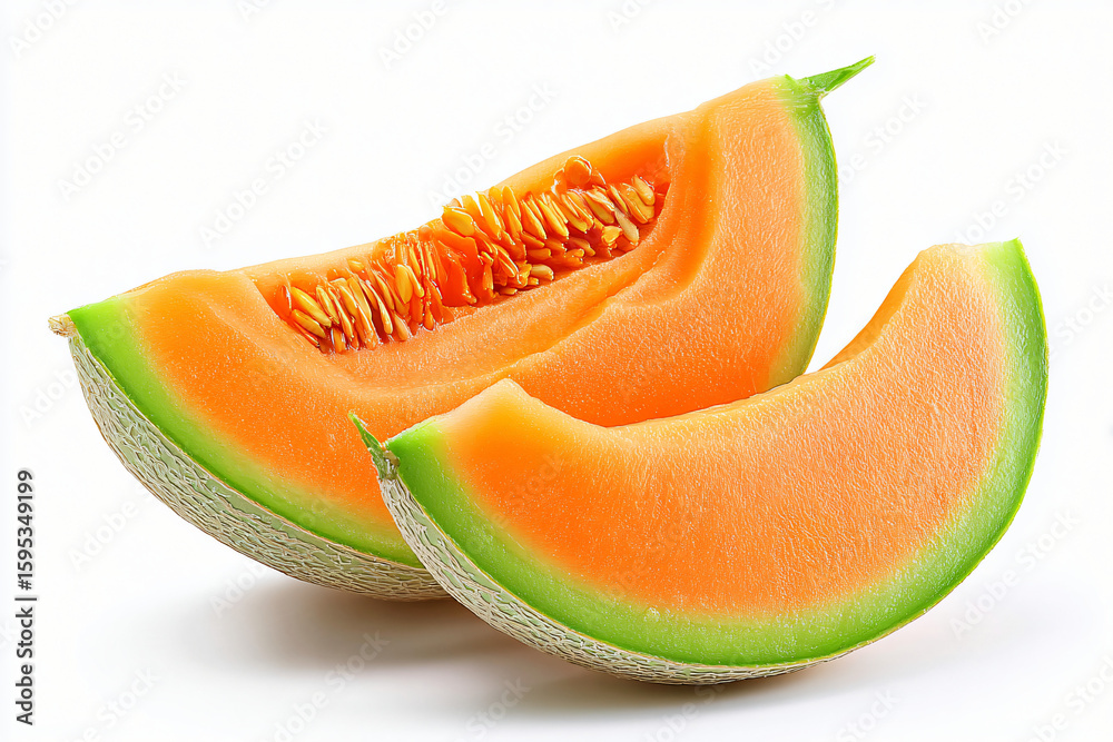 Close-up of sliced cantaloupe wedges with vibrant orange flesh and rind Close-up of sliced cantaloupe wedges with vibrant orange flesh and rind