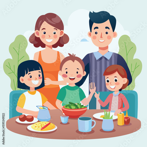 Happy family gathering around a table enjoying a delicious meal together with smiling faces