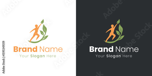 Inspiring Human Figure Reaching for Growth with Green Leaves Abstract Logo Design