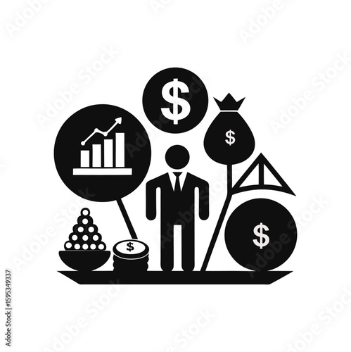  Businessman with financial growth symbols and money isolated on a white background