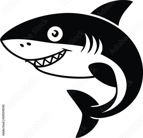 Smiling Shark Icon A playful illustration of a grinning shark its silhouette rendered in bold monochrome ready to make a splash with its toothy grin and friendly eyes