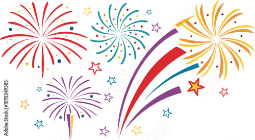 Big set of various fireworks with brightly shining sparks. Colorful pyrotechnics show. Realistic fireworks celebration isolated vector illustration. a realistic and colorful vector illustration