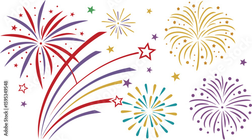 Big set of various fireworks with brightly shining sparks. Colorful pyrotechnics show. Realistic fireworks celebration isolated vector illustration. a realistic and colorful vector illustration