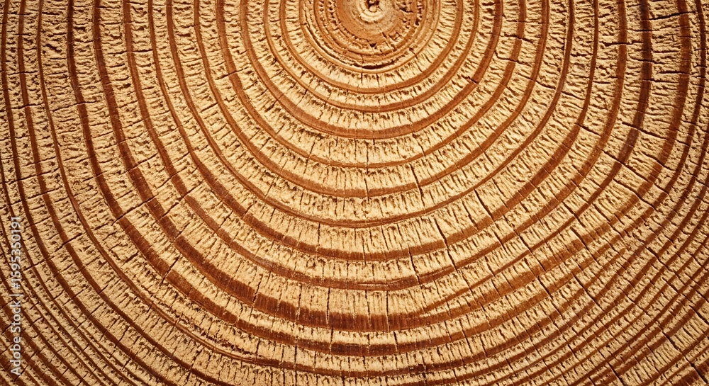 Naklejka premium Detailed close-up of a cut tree trunk showing growth rings and natural texture and aging process