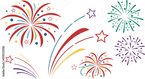 Big set of various fireworks with brightly shining sparks. Colorful pyrotechnics show. Realistic fireworks celebration isolated vector illustration. a realistic and colorful vector illustration
