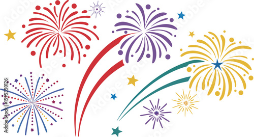 Big set of various fireworks with brightly shining sparks. Colorful pyrotechnics show. Realistic fireworks celebration isolated vector illustration. a realistic and colorful vector illustration