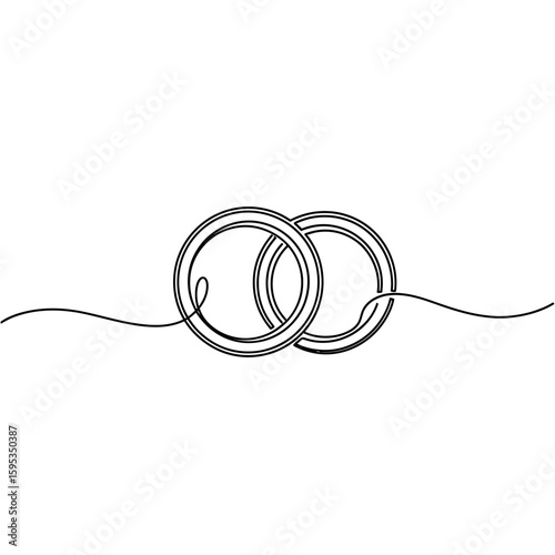 Continuous line drawing of two interlocking wedding rings on white background