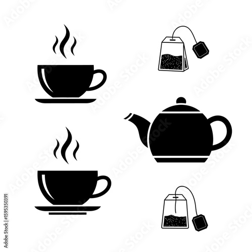Graphic of two cups of tea with steam a teapot and two tea bags on white