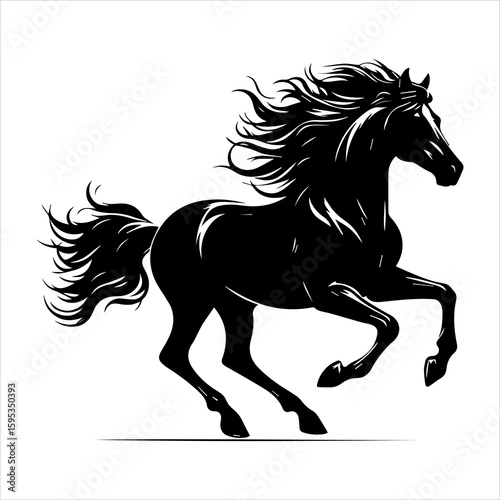 Black silhouette of a galloping horse in white background