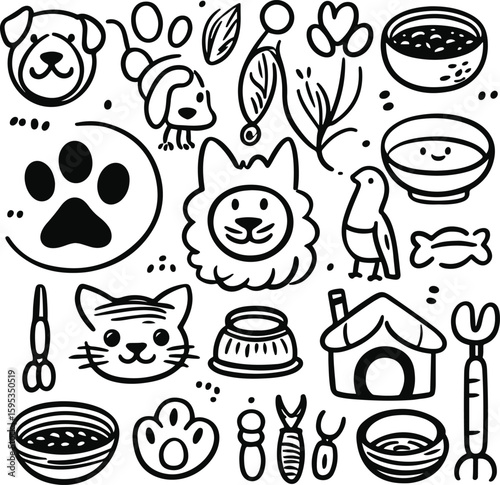 20 black and white line icons featuring pets and animals such as dog, cat, paw print, fish bowl, pet food bowl, bird, pet house, leash, and grooming tools 5