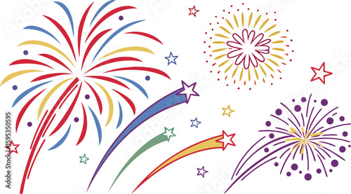 Big set of various fireworks with brightly shining sparks. Colorful pyrotechnics show. Realistic fireworks celebration isolated vector illustration. a realistic and colorful vector illustration