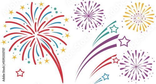 Big set of various fireworks with brightly shining sparks. Colorful pyrotechnics show. Realistic fireworks celebration isolated vector illustration. a realistic and colorful vector illustration