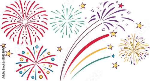 Big set of various fireworks with brightly shining sparks. Colorful pyrotechnics show. Realistic fireworks celebration isolated vector illustration. a realistic and colorful vector illustration