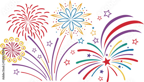 Big set of various fireworks with brightly shining sparks. Colorful pyrotechnics show. Realistic fireworks celebration isolated vector illustration. a realistic and colorful vector illustration