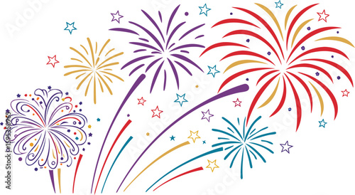 Big set of various fireworks with brightly shining sparks. Colorful pyrotechnics show. Realistic fireworks celebration isolated vector illustration. a realistic and colorful vector illustration