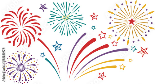 Big set of various fireworks with brightly shining sparks. Colorful pyrotechnics show. Realistic fireworks celebration isolated vector illustration. a realistic and colorful vector illustration