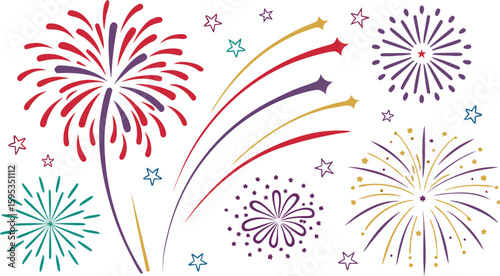 Big set of various fireworks with brightly shining sparks. Colorful pyrotechnics show. Realistic fireworks celebration isolated vector illustration. a realistic and colorful vector illustration