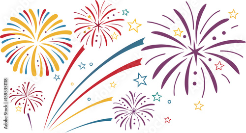 Big set of various fireworks with brightly shining sparks. Colorful pyrotechnics show. Realistic fireworks celebration isolated vector illustration. a realistic and colorful vector illustration