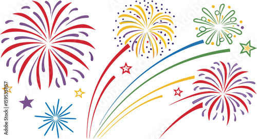 Big set of various fireworks with brightly shining sparks. Colorful pyrotechnics show. Realistic fireworks celebration isolated vector illustration. a realistic and colorful vector illustration