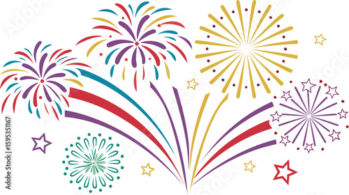 Big set of various fireworks with brightly shining sparks. Colorful pyrotechnics show. Realistic fireworks celebration isolated vector illustration. a realistic and colorful vector illustration