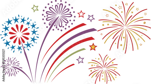 Big set of various fireworks with brightly shining sparks. Colorful pyrotechnics show. Realistic fireworks celebration isolated vector illustration. a realistic and colorful vector illustration