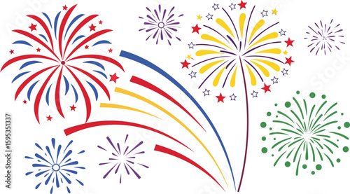 Big set of various fireworks with brightly shining sparks. Colorful pyrotechnics show. Realistic fireworks celebration isolated vector illustration. a realistic and colorful vector illustration