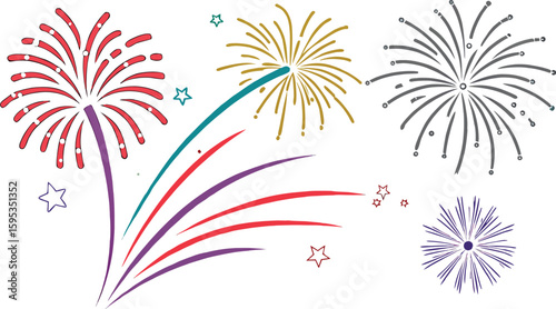 Big set of various fireworks with brightly shining sparks. Colorful pyrotechnics show. Realistic fireworks celebration isolated vector illustration. a realistic and colorful vector illustration