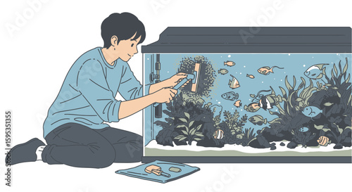 A young person meticulously cleans a large, vibrant aquarium teeming with diverse fish and aquatic plants.