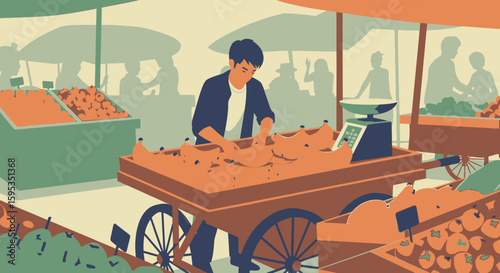 Man arranging bananas on a cart at an outdoor market, with other produce and people in the background.