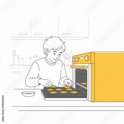 A young person placing cookies on a baking sheet in front of an open oven in a kitchen.