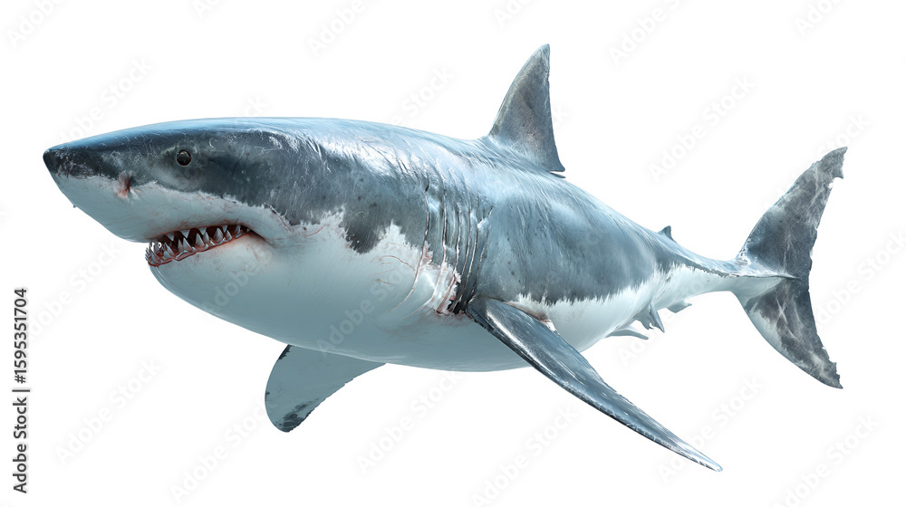 Obraz premium Majestic great white shark swimming with sharp teeth and fins isolated on transparent background
